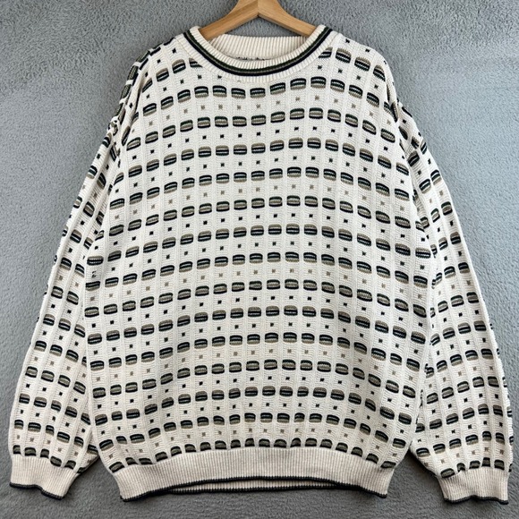 Other - Vintage Textured Knit Geometric Crewneck Sweater Mens Cream Green Brown Pattern